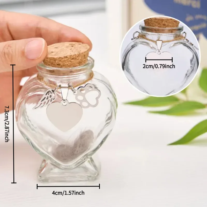 Modern Eco-friendly Engraved Pet Memorial Glass Bottle with Heart-shaped Design wings and Paw Print Pendant preview 4