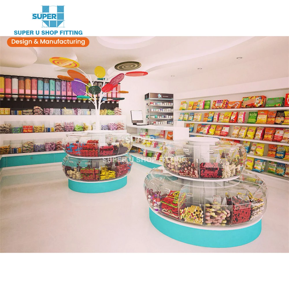 Custom Candy Gondola Showcase Sugar Sweet Candy Display Stand Furniture Lolly Candy Shop Interior Design Supplier