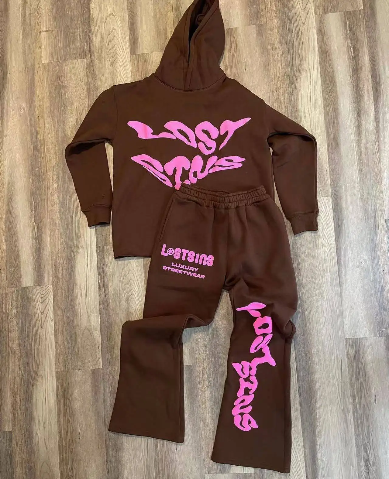 Raw Hem Hoodies and Flared Stacked Sweatpants Two Piece Tracksuit Set Custom Cotton 3D Puff Print Women Unisex Sweatsuit Men