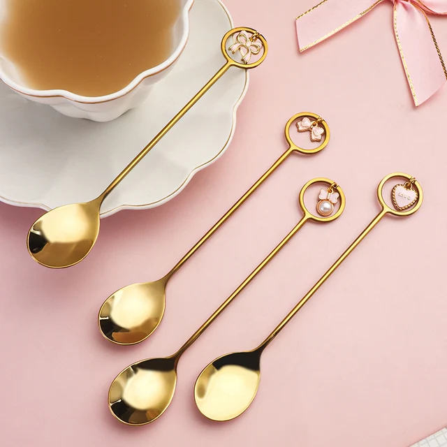 Cute Style Stainless Steel Coffee Dessert Stirring Tea Spoon bowknot Pattern Gold spoon