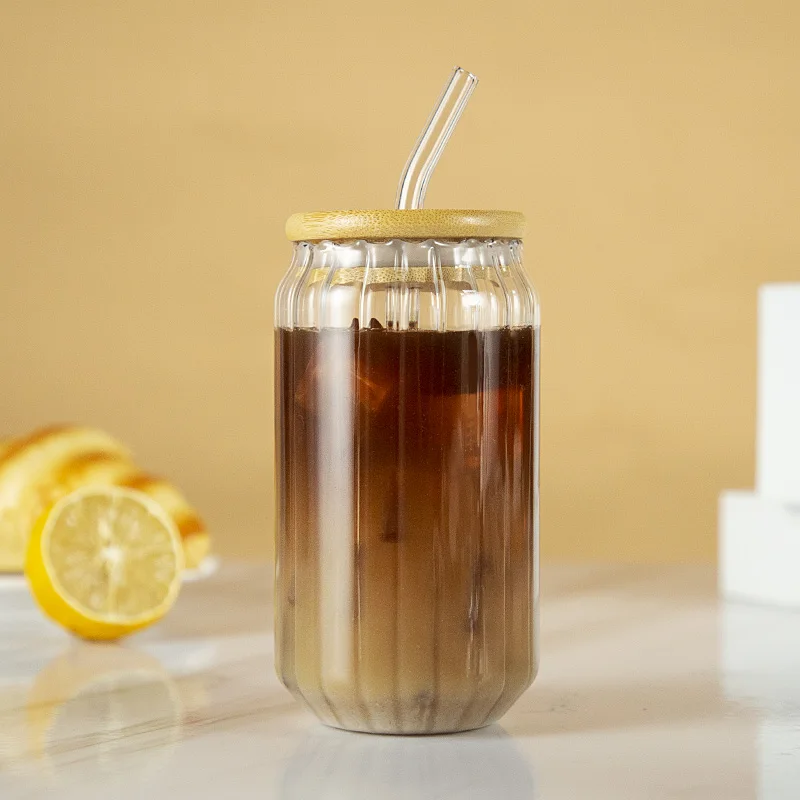Reusable 4 Pack Clear Borosilicate Glass Mug Cocktail Glasses Coffee Cup  Tumbler 16 oz Ribbed Can Shaped Glass With Lid Straw
