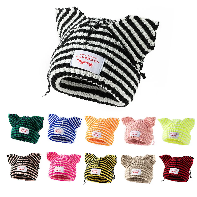 Y2K Style Cat Ear Knit Hat - Warm & Slouchy Crochet Cap