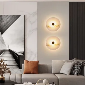 Modern Minimalist Round LED Wall Lamp Alabaster Indoor Decorative Bedside with Marble Shade for Living Room