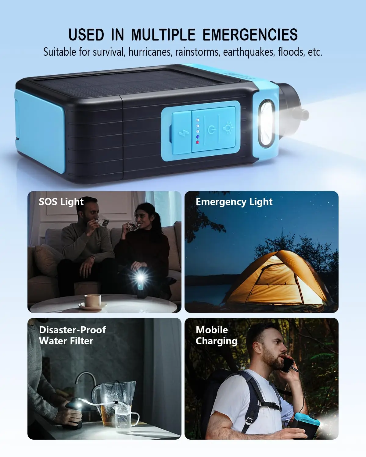 Portable Solar Electric Water Purifier System for RV Outdoor Emergency Survival Camping Hiking Travel Backpacking Filtration Kit