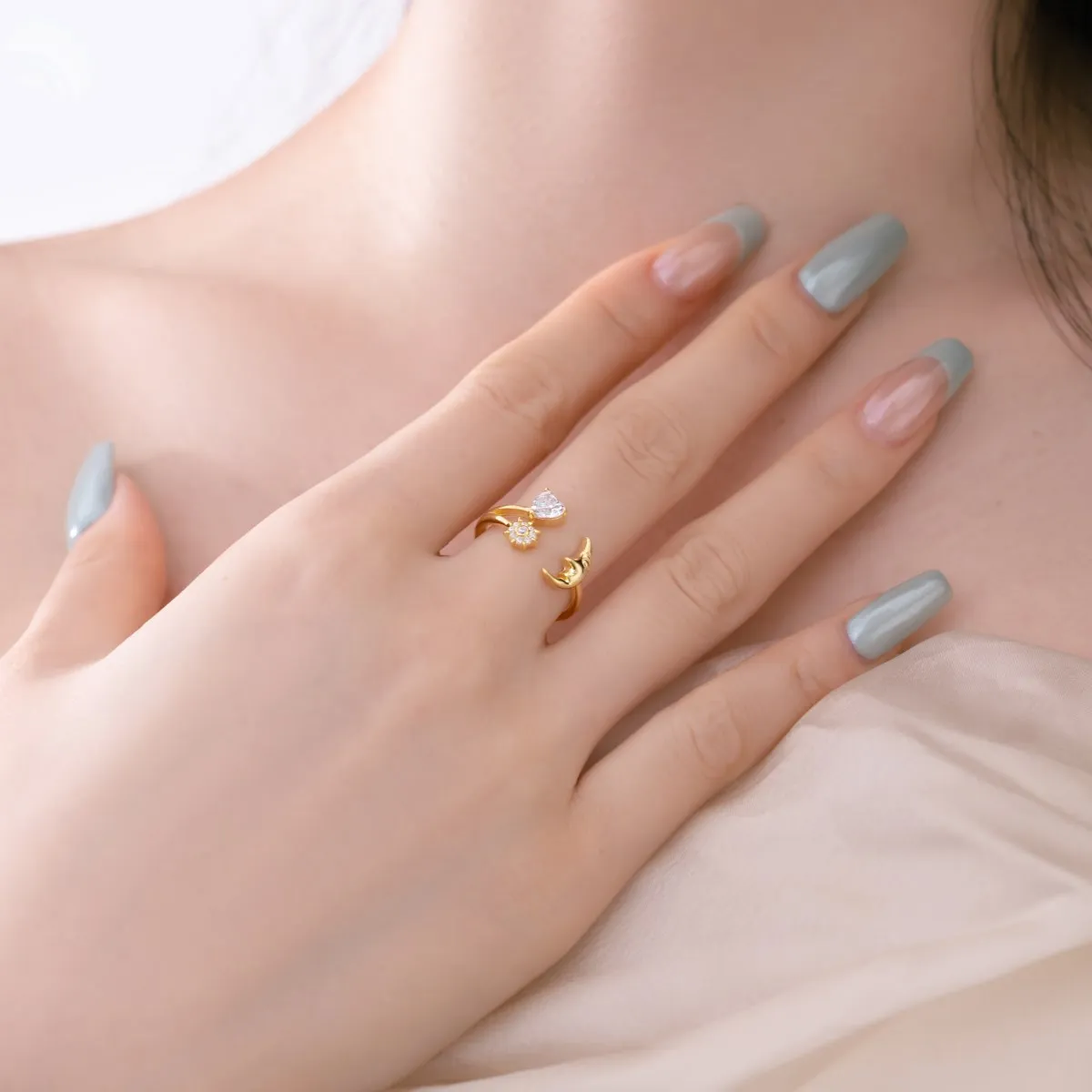 KAKODIY Customized Moon Star Heart Ring 925 Sterling Silver Modern Elegant Cubic Zirconia 18K Gold Plated Ring Jewelry for Women detail 2