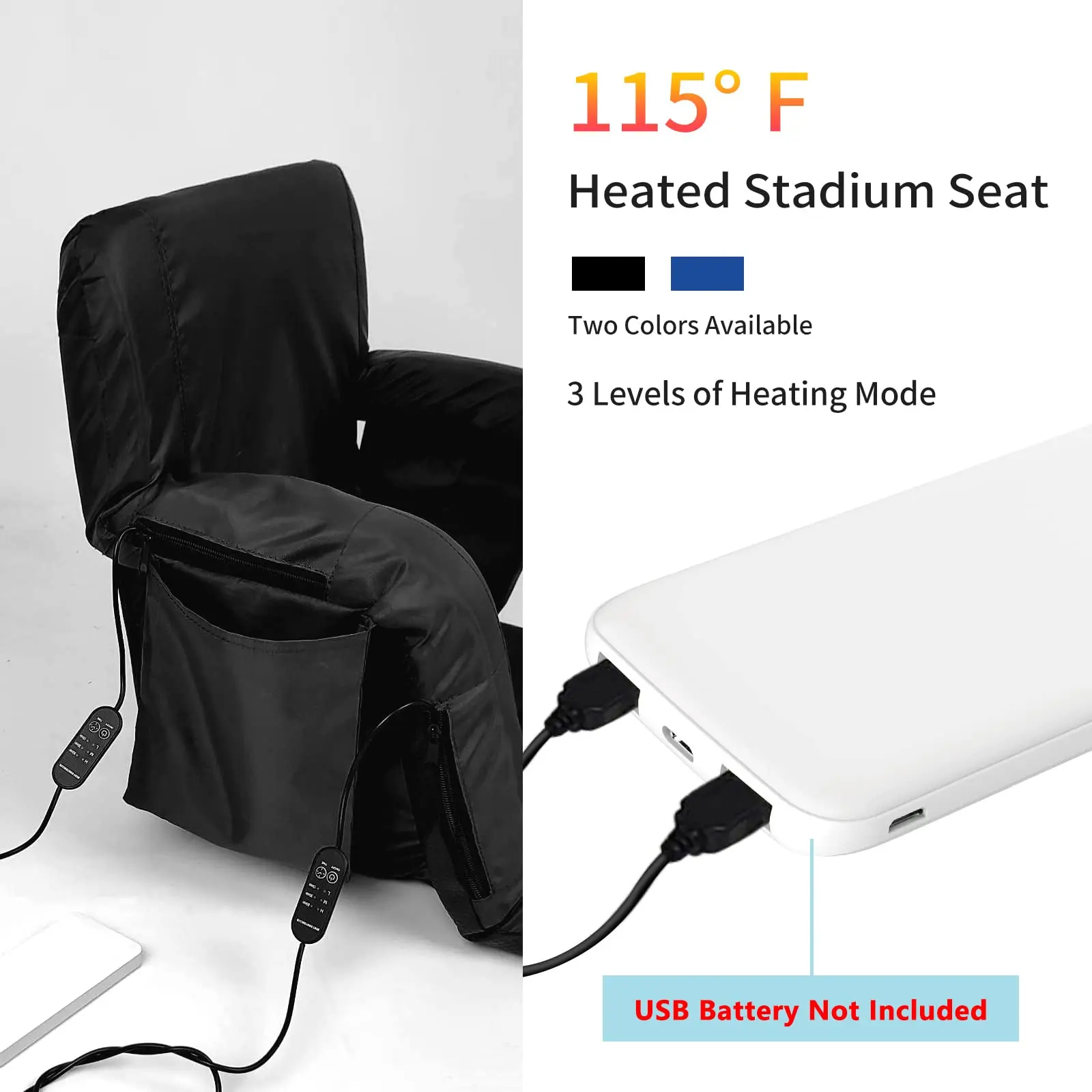 Outdoor 3 Level Heating Adjustable Arm Back Support USB Heated Camping Chair Heated Stadium Seats for Bleachers