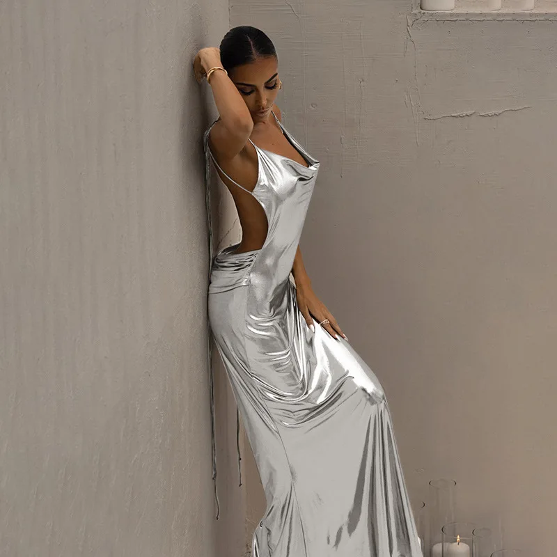 2023 OEM/ODM Silver Sexy Elegant Evening Dresses Women Girls Ladies Sexy  Party Club Dress Fashion Slip Maxi Dresses