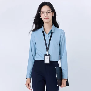 Latest Design Navy Blue Women's Office Shirt Fashion Clothing Women's Bow Tie Shirt Satin Long Sleeve Shirt