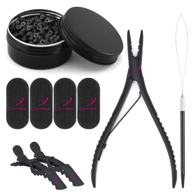 Custom Color&Logo Hair Extension Tools Weft Application Kits with Micro Nano Rings Beads, Pliers, Loop Tools, Gripper, Clips