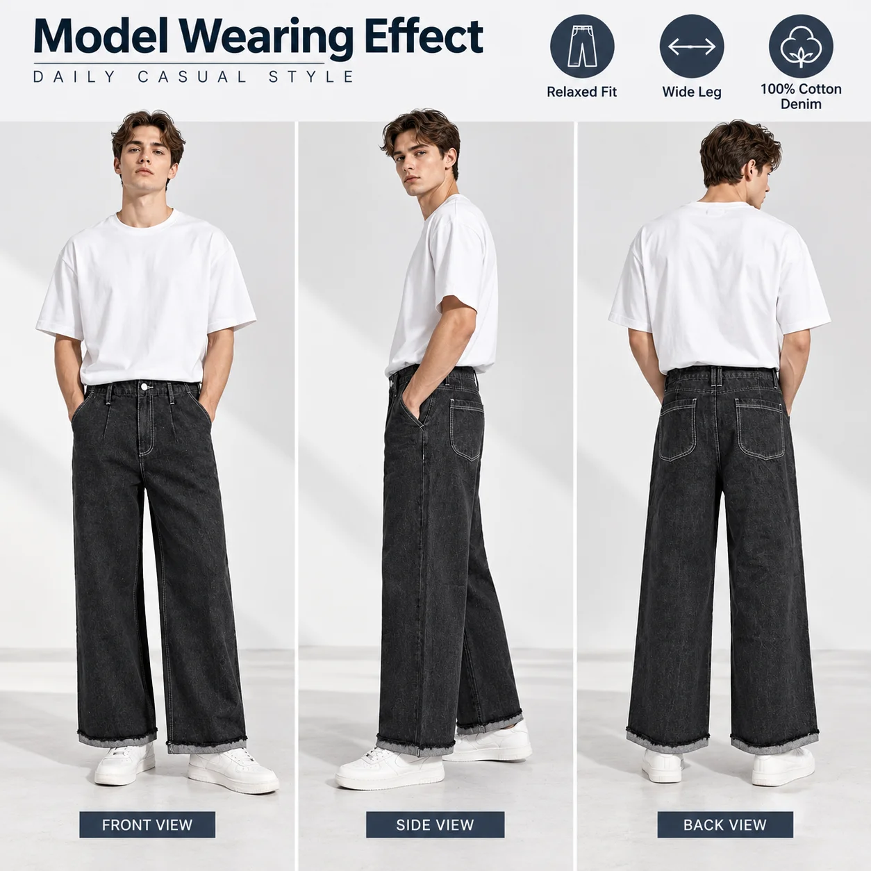 High Quality Vintage Black Custom Midweight Eco-Friendly Breathable Cotton Denim Summer Wide Leg Distressed Solid High