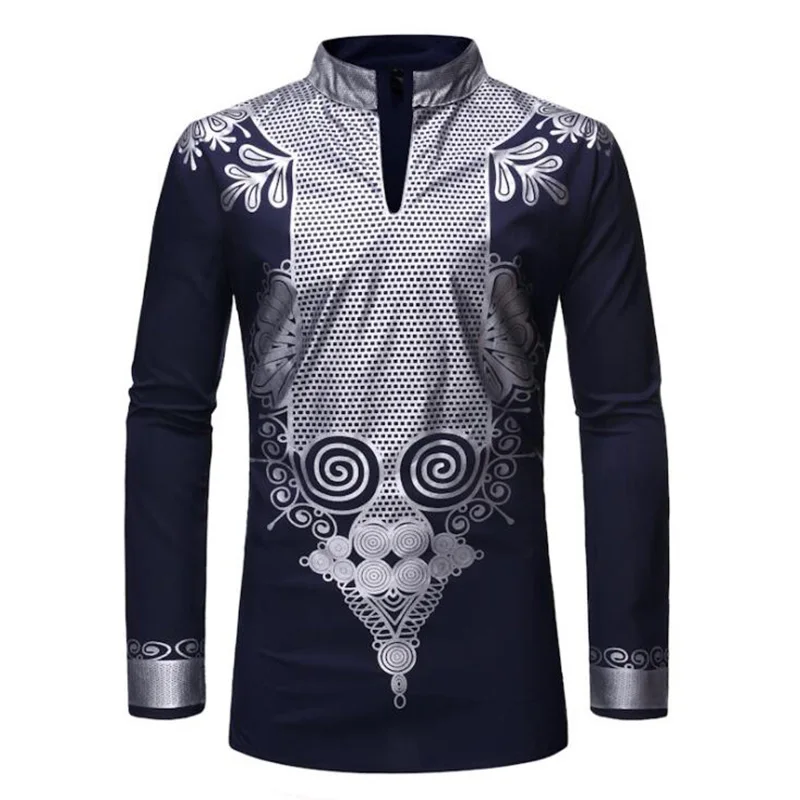 Autumn African Clothes For Men Casual Stand-up Collar Dashiki Long Sleeve Striped Adult Man Shirt