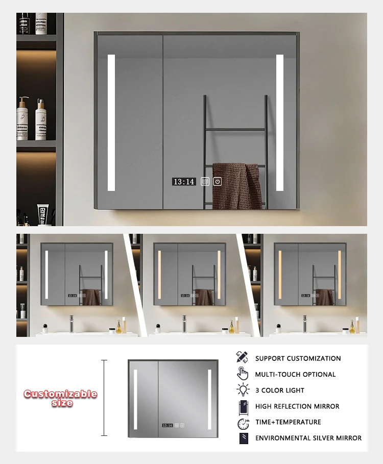 product wholesale wall mounted storage modern bathroom functional mirror cabinet with led lights for home hotel project-4