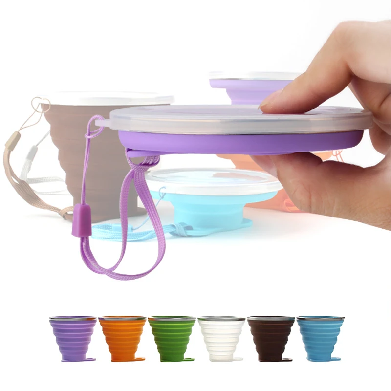 Mini Portable 270ml 9 OZ Outdoor Silicone Folding Collapsible Coffee Cup Lanyard Lid Retractable Travel Water Cup for Tea Coffee