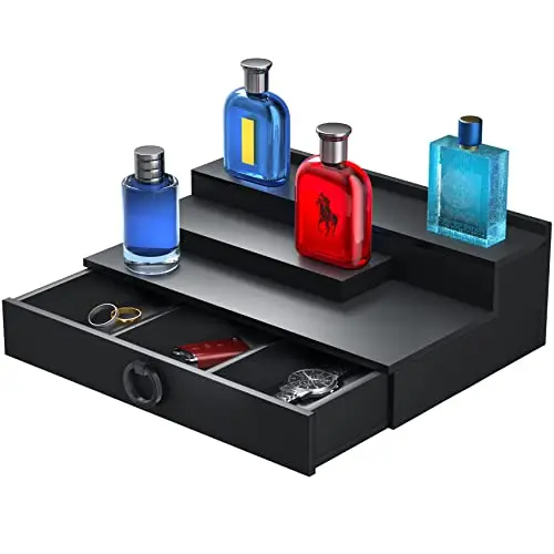 Holz Parfüm Organizer Für Herren – 4-stöckig Mit Versteckter Schublade, Inkl. Matte & Geschenkbox, Für Bis Zu 20 Flakons
