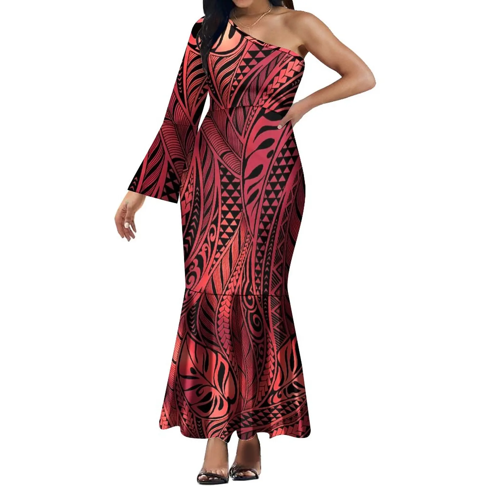 Brown Polynesian Pacific Island Design Long Maxi Evening Dresses Gowns Hawaiian Flower One Shoulder Sleeveless Ladies Dress