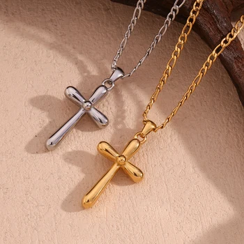 Dreamshow Minimalist Jewelry Cross Pendant Necklace Gold Plated Figaro Chain Stainless Steel Jewelry