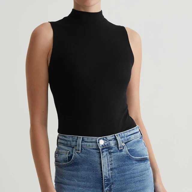OEM/ODM Custom Classic Black Women's Sleeveless Turtleneck Soft Rib Knit Minimalist Layering Piece Logo Comfortable Stylish