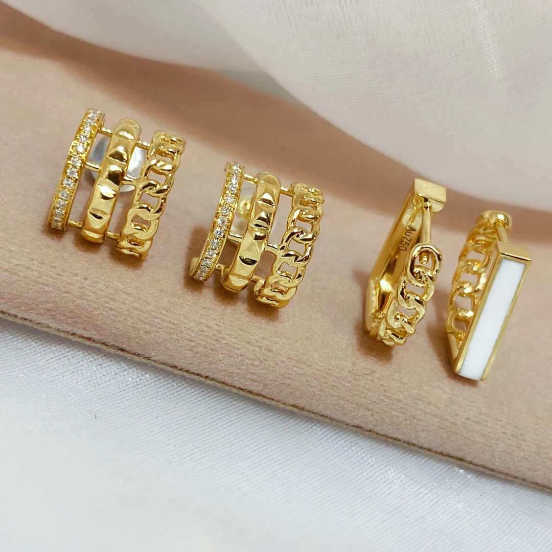 18K Solid Yellow Gold Minimalist Three Layers Semi Hoop Stud Earrings Unique Daily Wear for Women Classic Wedding Jewelry Gift