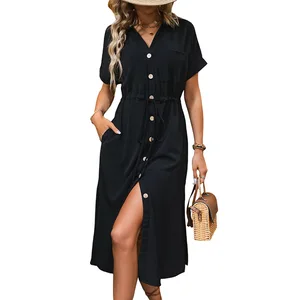 For Foreign Trade 2025 Summer Casual European American A-Line Midi Shirt Dress V-Neck Raglan Sleeves Cross-border Pocket