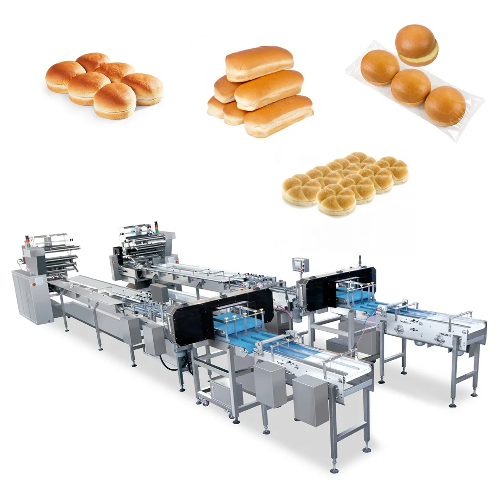 Automatic Horizontal Pillow Flow Bakery Bread Buns Rolls Group Burger Bread Hamburger Packaging Machine