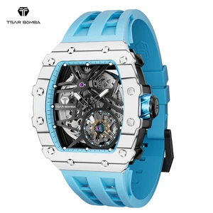 For TSAR BOMBA Luxury Men's Automatic Watch with Tonneau Case Shape and Rubber Band Analog Dial Display