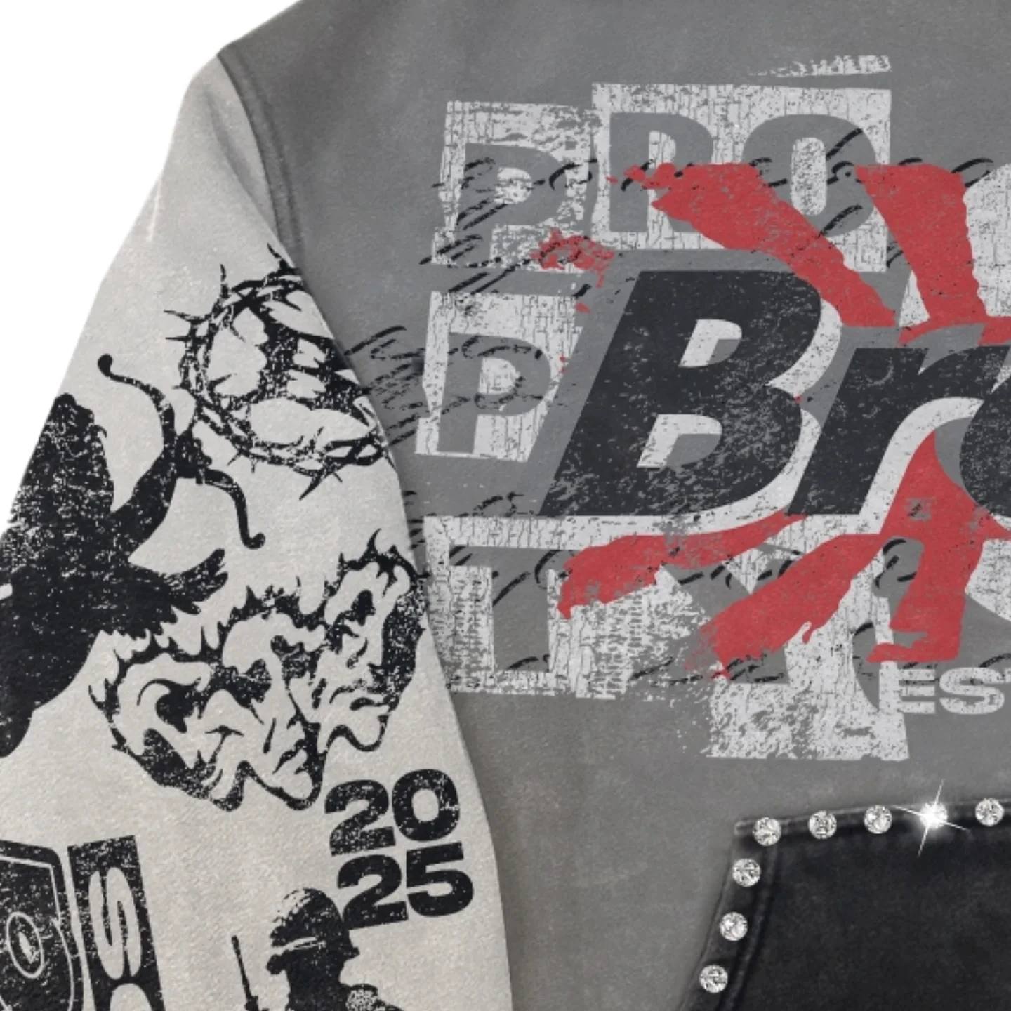 Manufacture Custom Dgt Logo Print Retro French Terry Oversized Streetwear Acid Washed Distressed Hem Rhinestone Vintage Hoodie gallery 2