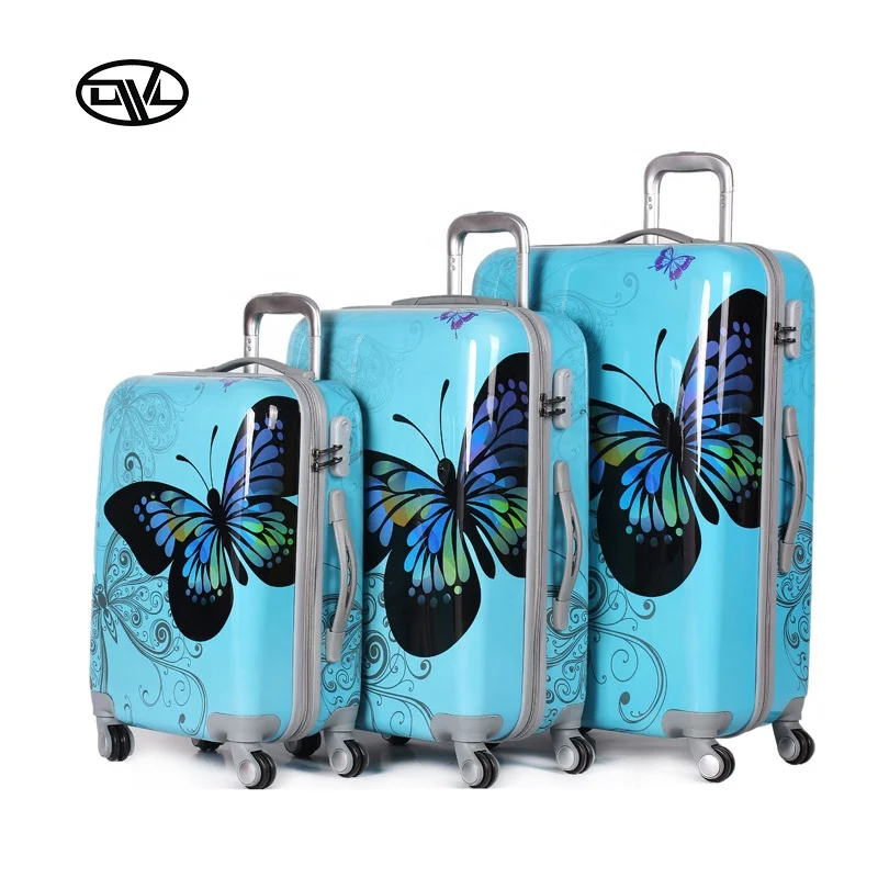 Customized Design Blue Butterfly ABS PC Film Printed Trolley Travel Luggage Bag Set 20/24/28