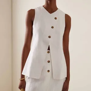 Clothing Manufacturers Custom Spring Summer Autumn V-neckline Centre Front Buttons Sleeveless Linen Vest Top