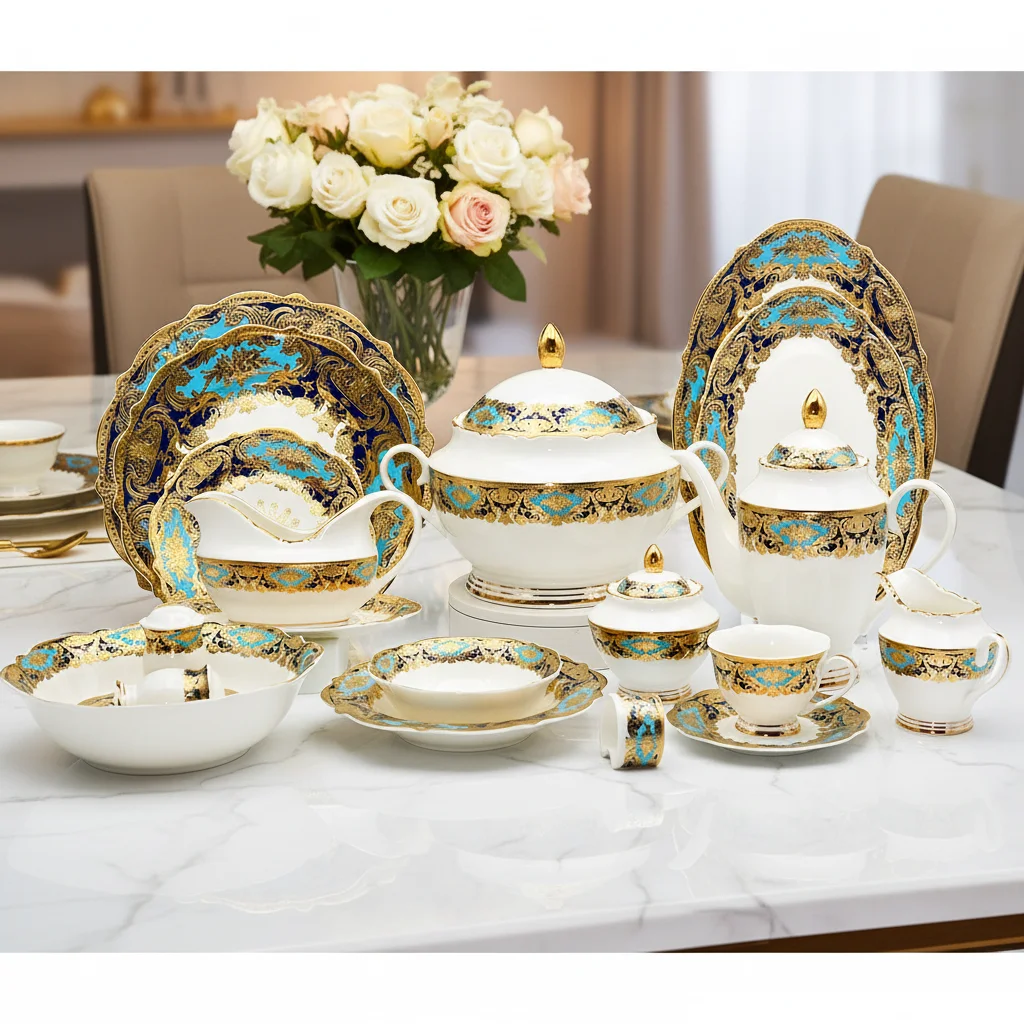 高級98pcs ゴールド装飾テーブルウェア 骨 china ディナーウェアセット