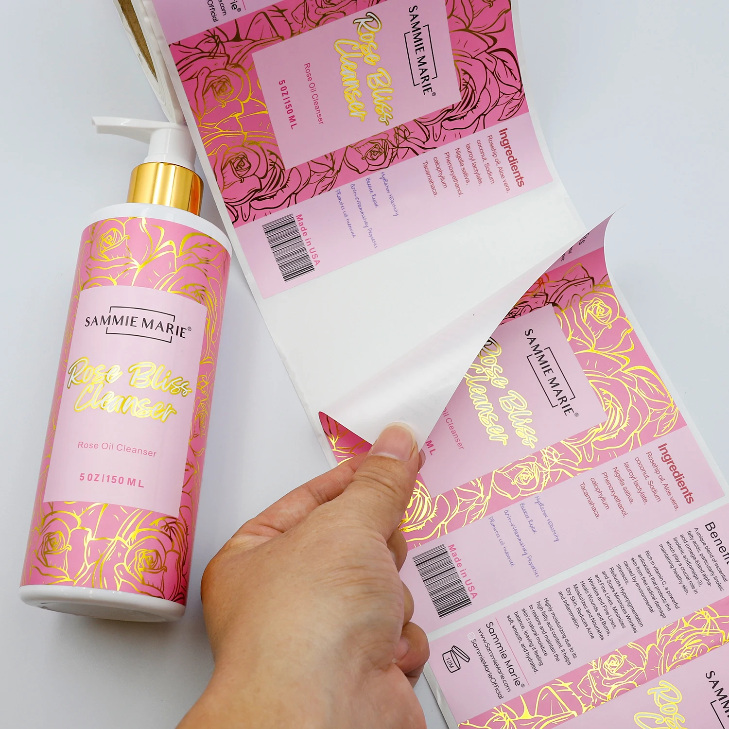 Customized Digital Printing Waterproof Vinyl Adhesive Cosmetic Skin Care Makeup Gold Foil Label Large Stickers Logo Custom