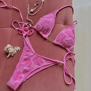 Bikini Manufacturer Custom Strapless Plunge Neck Split Swimsuit High Quality Fashionable Terry Cloth Fabric Floral Pattern Women