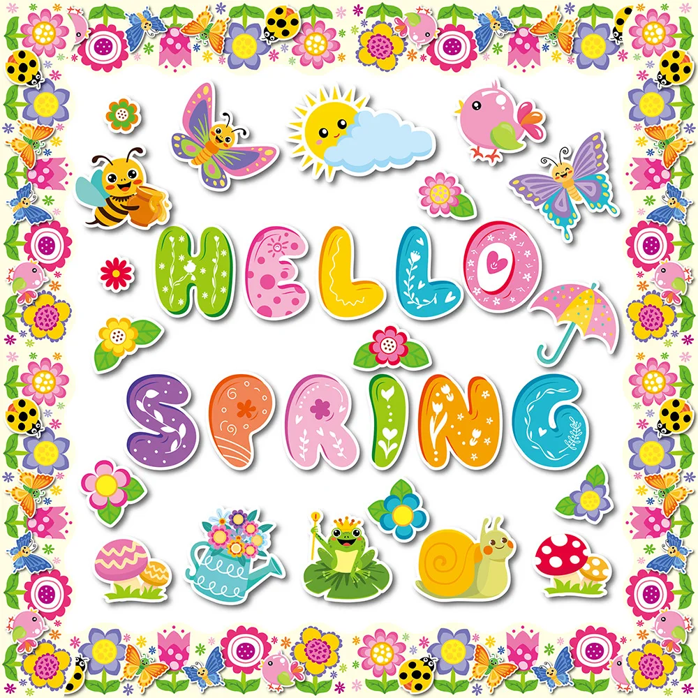 Hello Spring Cutouts Spring Bulletin Board Decoration Set  DIY Paper Cutouts with 100Pcs Glue Points Seasonal Classroom Wall Dec