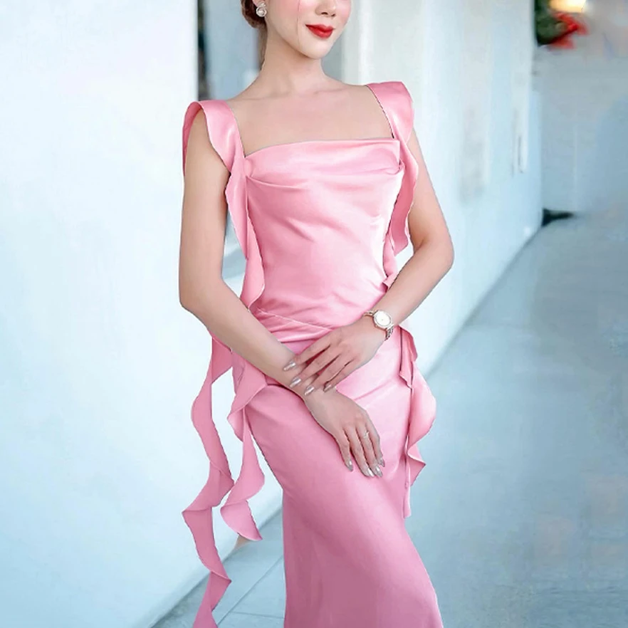Shop Stylish Bubblegum Pink Satin Gown with Ruffled Details
