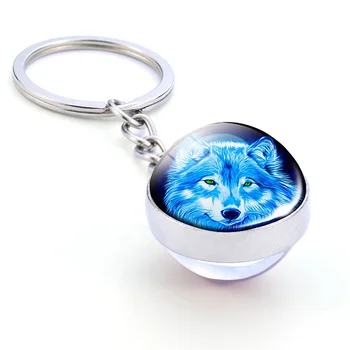 Wolf and Moon Keyring - Howling Wolf Double Side Glass Ball