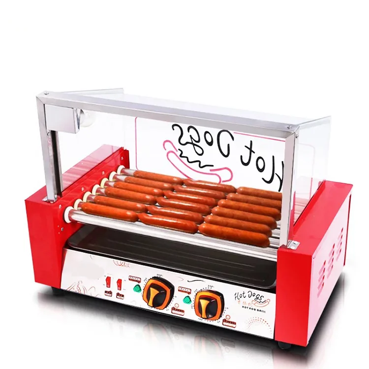 New Stainless Steel Hot Dog Commercial 7 Rollers Snack Equipment Red Electric Automatic Making Machine