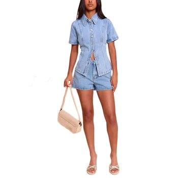 Women's Short Sleeve Button Down Shirt Mid Waist Shorts Two Piece Outfit Light Blue Classic Wash Slim Fit Casual  Denim Set