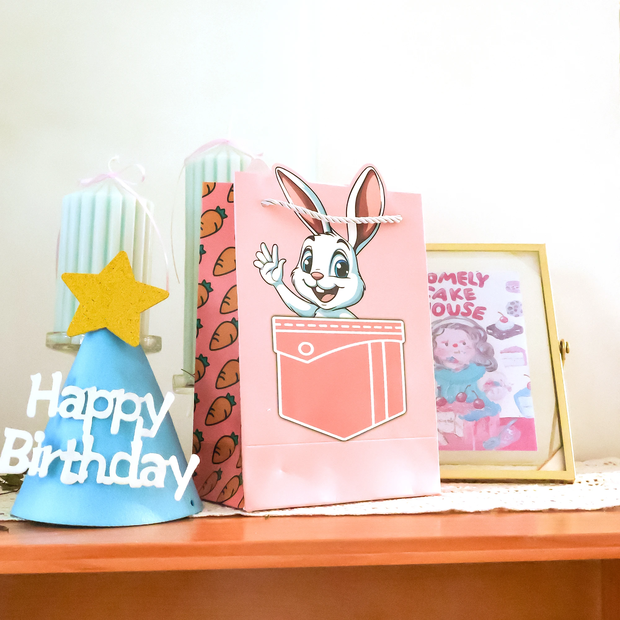 Recyclable Durable Kraft Paper Gift Packaging Bags with Ribbon Handle Glossy Lamination Custom Logo for Food Baby Food Packaging