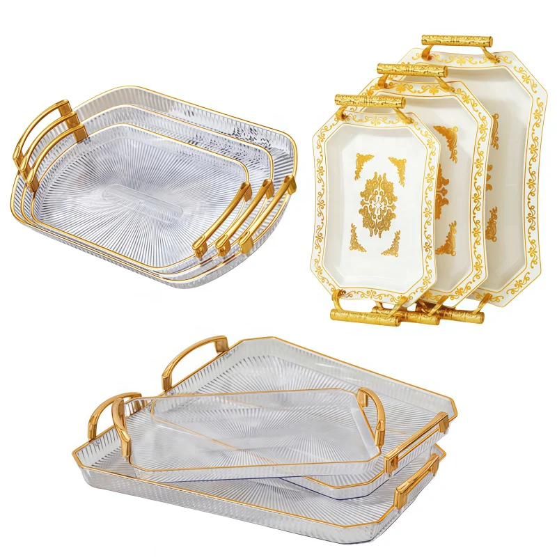 Әртүрлі түрлері бар 3 бөліктен тұратын жиын, заманауи сәнмен безендірілген пластикалық жеміс қалбыры, алтын шеті бар, екі қолдан көтеретін, үйде, мерекеде, үйлену тойында тамақ ұсыну үшін