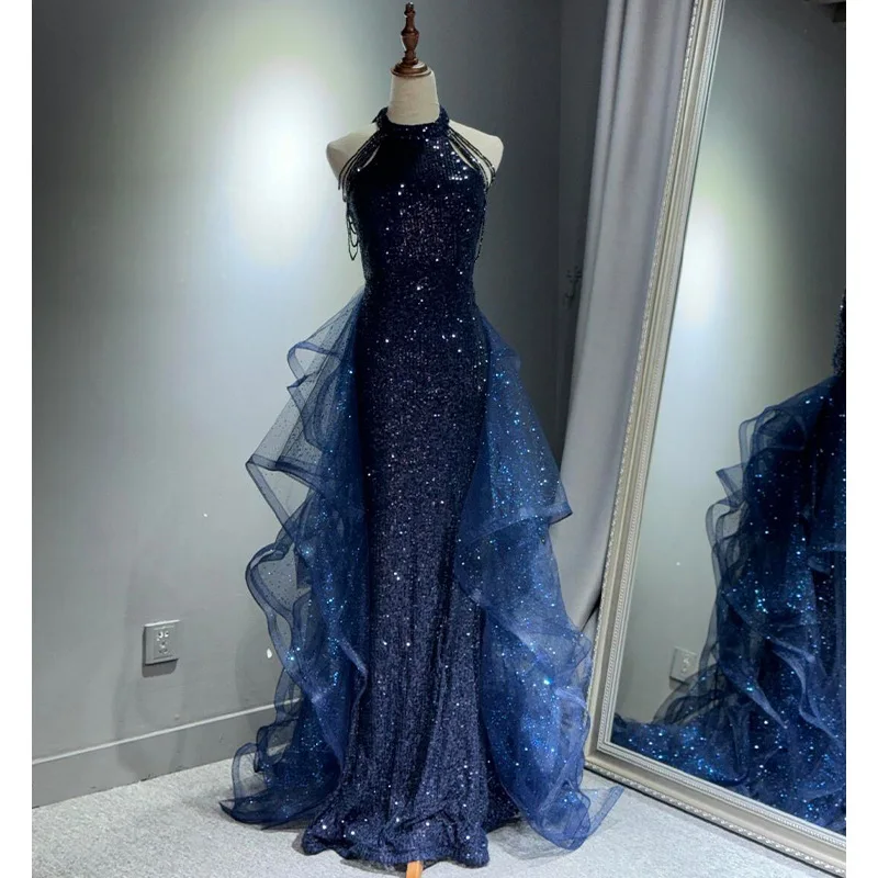 sparkly dark blue dress A-Line Tulle Sequin Long Prom Dress, Dark Blue Long Formal US 10 / Green customized service and Rush order are available Dark blue tulle sequin long