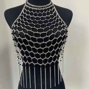 Exquisite Female Evening Blouse Dress with Hollow out Decoration Hand-Woven Sexy Pearl Chain Stainless Steel Jewelry