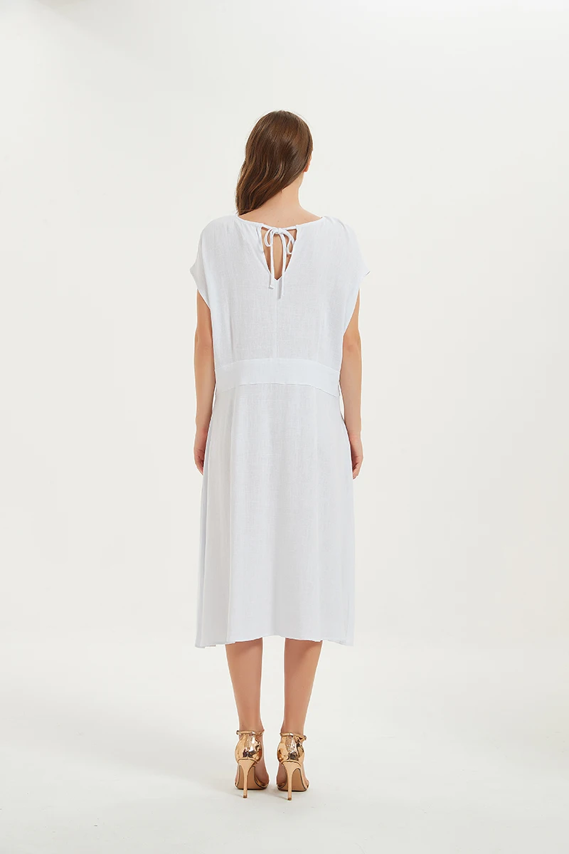 Short Sleeve Plain V Neck Midi White Loose Women's High Quality Linen