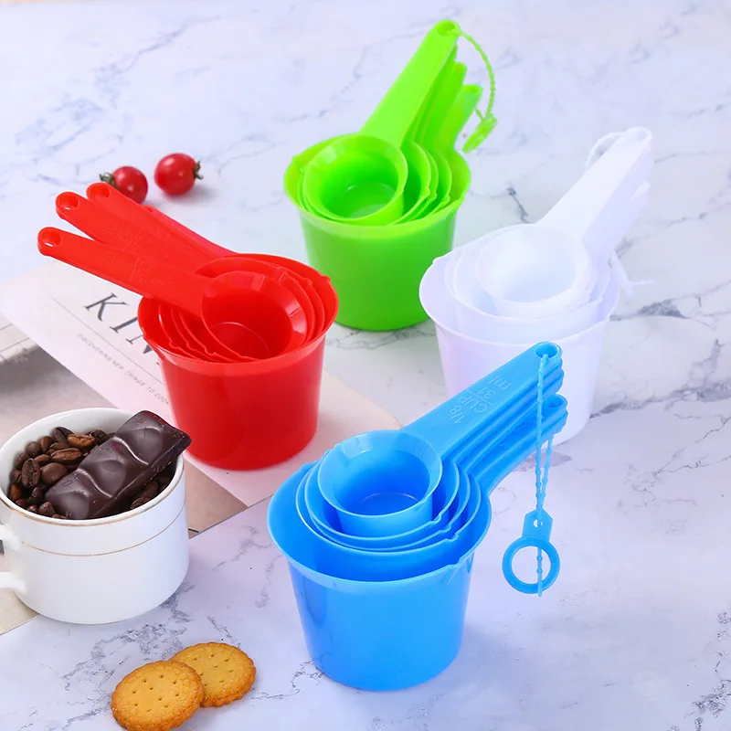 Hot sale 11pcs  red blue white plastic measuring cups and spoon set Coffee Bean bakery ingredients for Kitchen tools