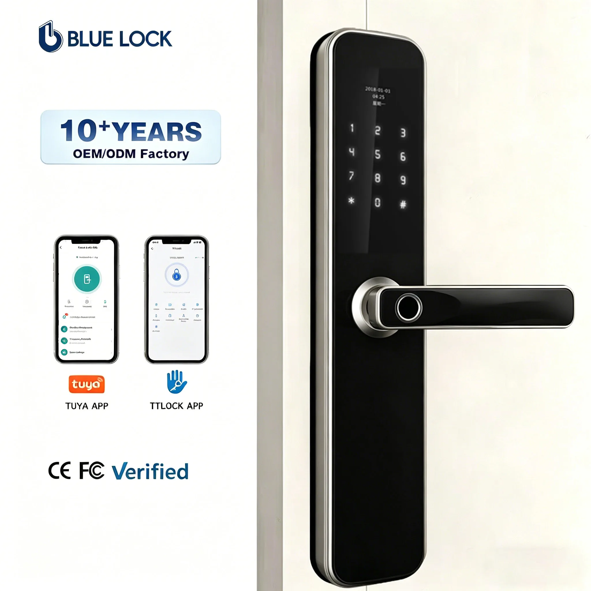 Bluelock TTLock BLE WiFi Manufacturer Touch Screen Keyless Entry Tuya Remote Control OEM ODM Fingerprint Smart Door Lock