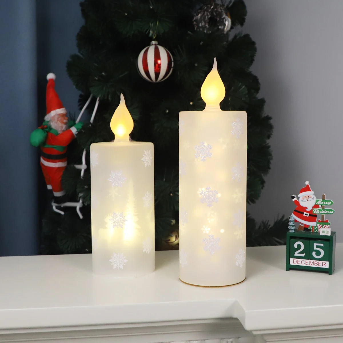 Simplicity White Snow Prints Electrical Wireless Candlestick Winter Christmas Safety Home Indoor Ornament Wedding Party factory