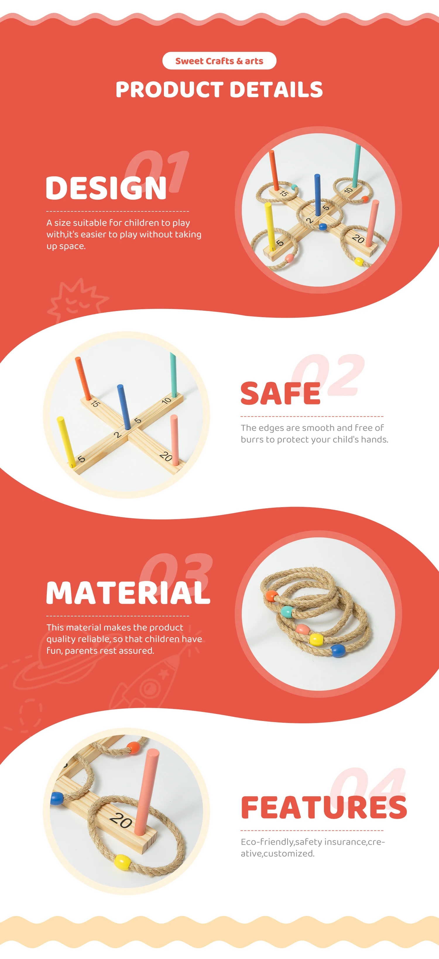 Custom Backyard Indoor Wooden Throw 5 Ropes Ring Toss Game Set For