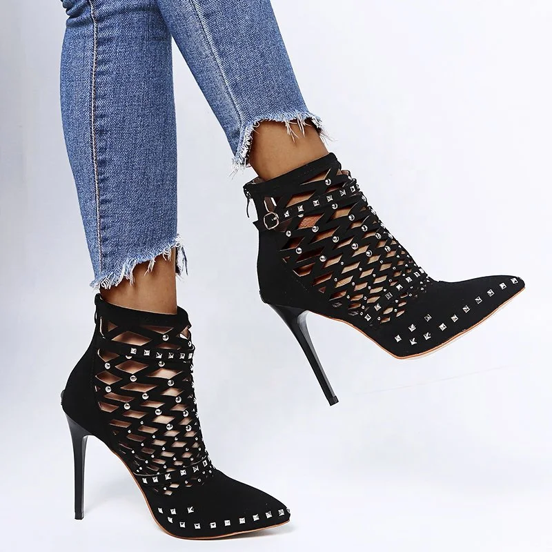 HOT Womens Ankle Boots Rivet Buckle Side Zipper Stilettos High heels Dress Shoes
