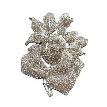 Custom Silver Plated Luxury Clear Crystal Rose Flower Brooch Women's Rhinestone Brooch Pin for Gifts Parties Weddings Main Alloy