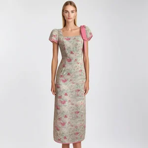 Square Neck Floral Midi Dress with Pink Bow , Puff Sleeve Elegant Style
