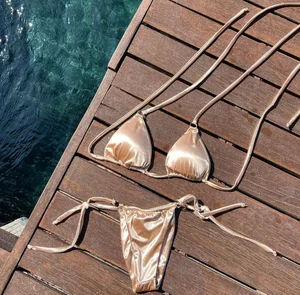 Bikini Manufacturer Custom Shiny Satin Swimsuit Designer Triangle Bikinis & Beachwear for Women