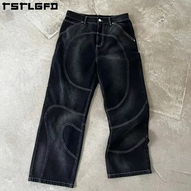 Street Wear Gothic Retro Casual Splicing Black Wash Jeans